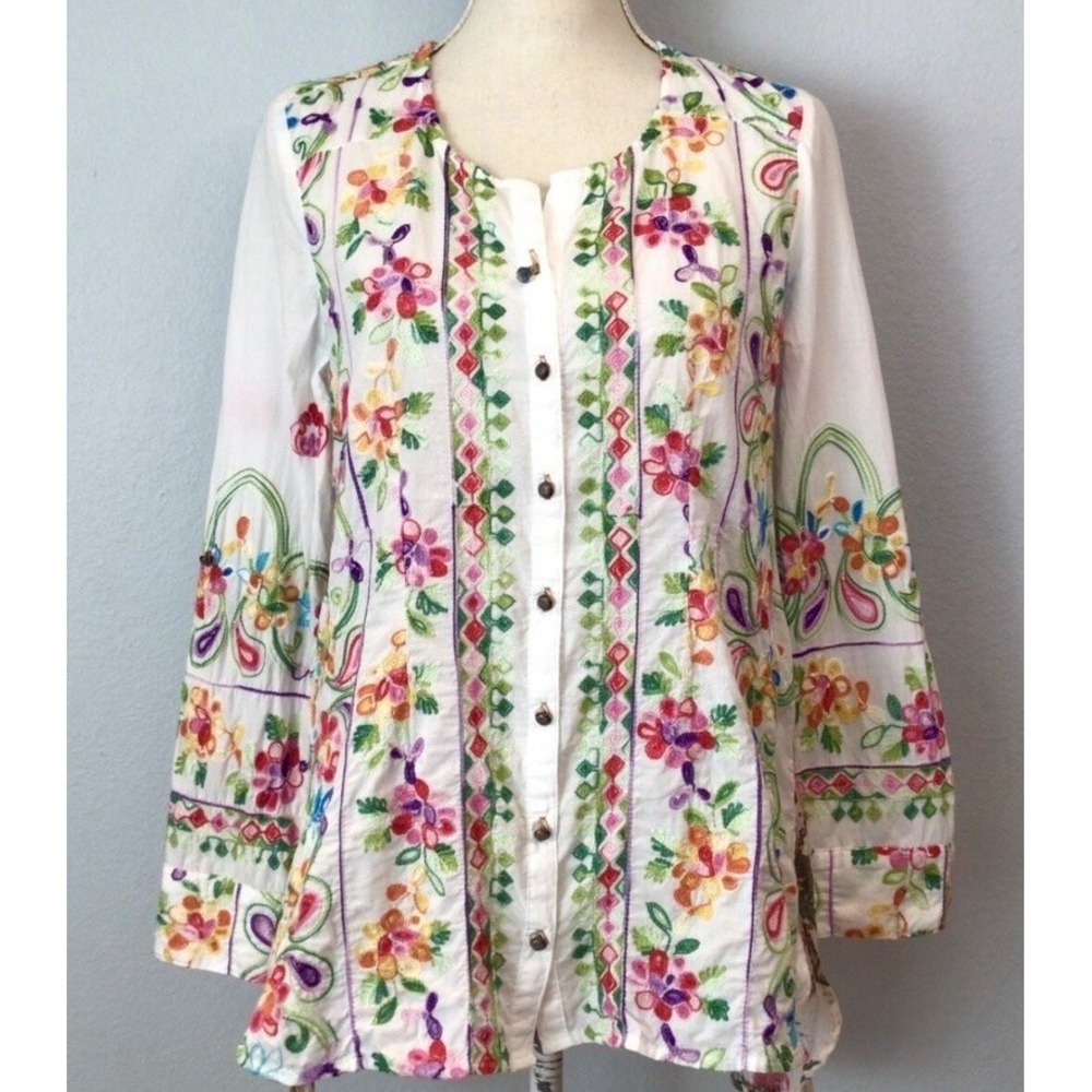 Soft Surroundings Womens Floral Embroidered Tunic Top Blouse Medium Sheer Artsy